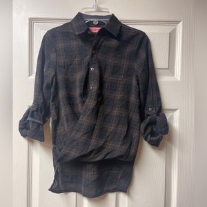 Blank NYC Girls Sz M Shirt Button Sunday Only Twist Front Faux Wrap Plaid Brown